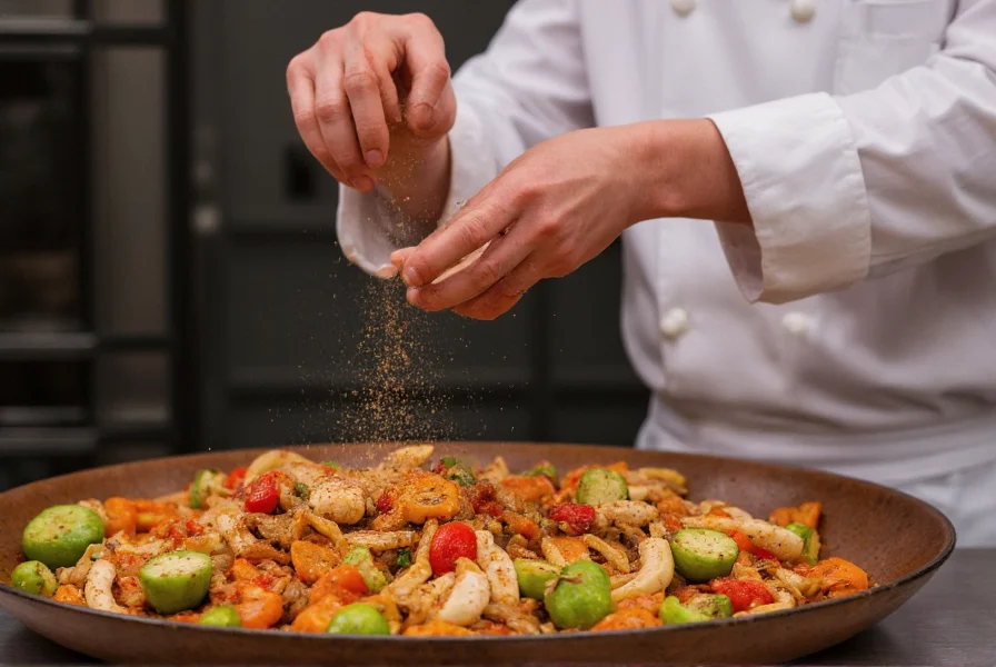 Chef's hands sprinkling corbaci pepper onto traditional Turkish dish in professional kitchen setting