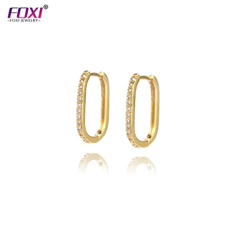 

FOXI New arrival 925 sterling silver geometric circle link 18K gold U shape cz gold plated rectangle hoop cz paper clip earring