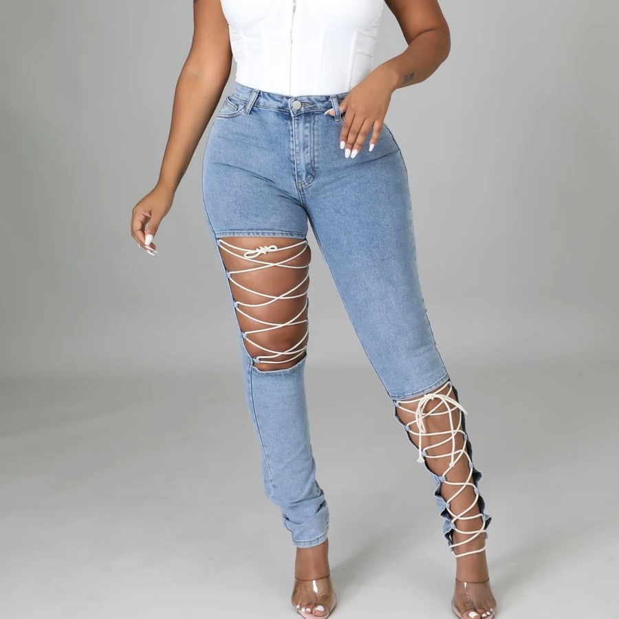 

2021 new arrival skinny pants broken hole bandage elastic jeans women jeans