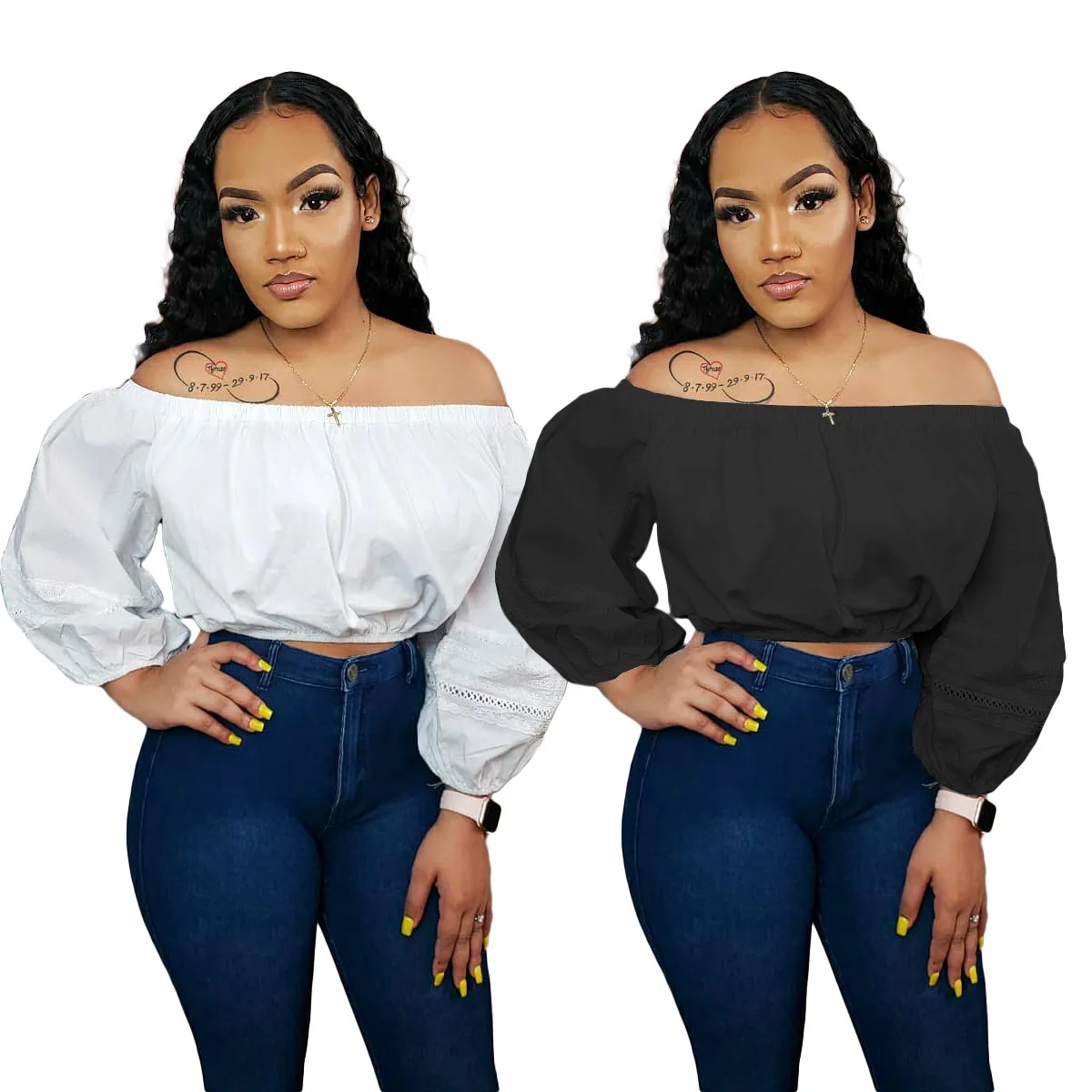 

2021 Fall women clothing solid color Off Shoulder Long Sleeves Women lace long sleeve top