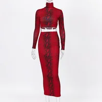 

Snake Print Fashion Women Two Piece Set Skinny Party Clubwear Outfits Long Sleeve Crop Top And Skirt Sets Autumn