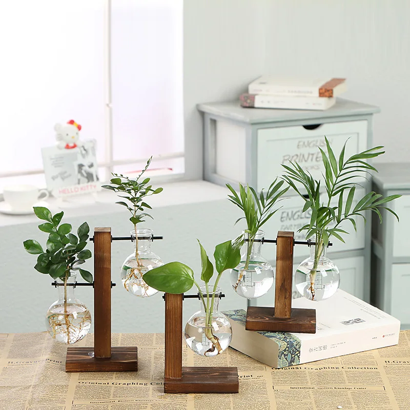 

Spot wholesale hanging clear glass flower vase with wood base, Natural wood color