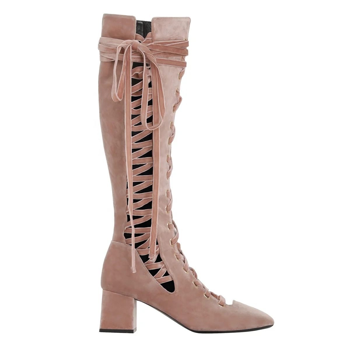 

woman designer boots custom made velvet fabric hollow out lace up square toe chunky heels mid calf women boots, Nude