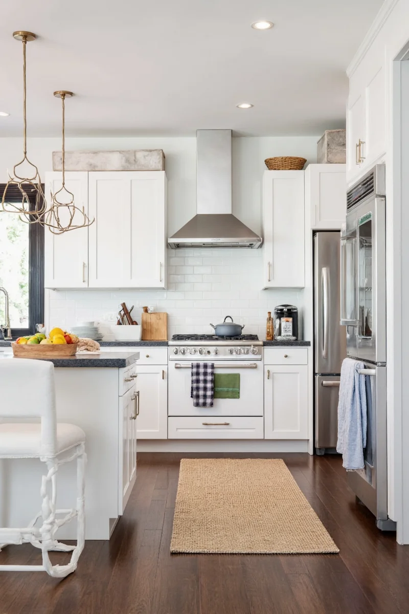 Farmhouse-style kitchen with large island and wooden beams