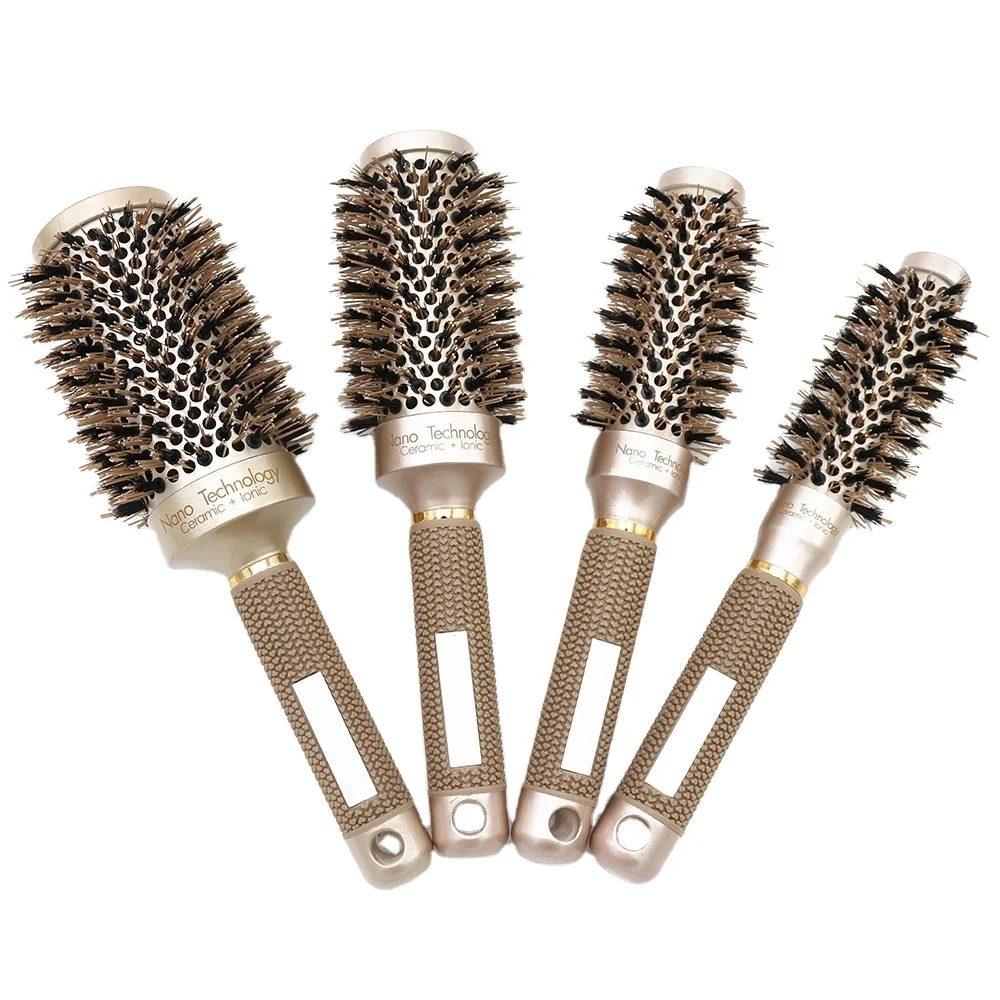 

High Quality Salon Rubber Handle Round Nano Ionic Technology Ceramic Boar Bristle Hair Brush, Gold