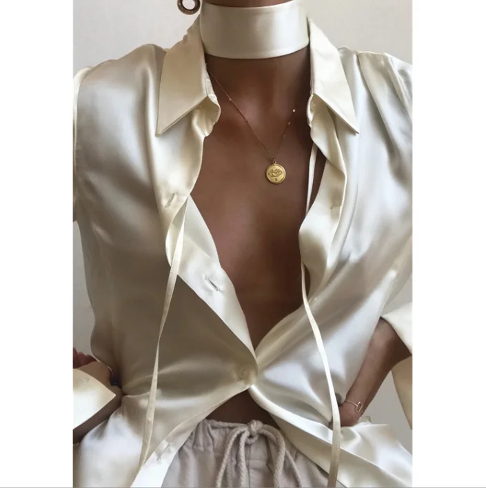 

Real silk blouse with chooker formal elegant office luxury ladies turn down 100 % pure women silk blouse, White/yellow/ red/customize