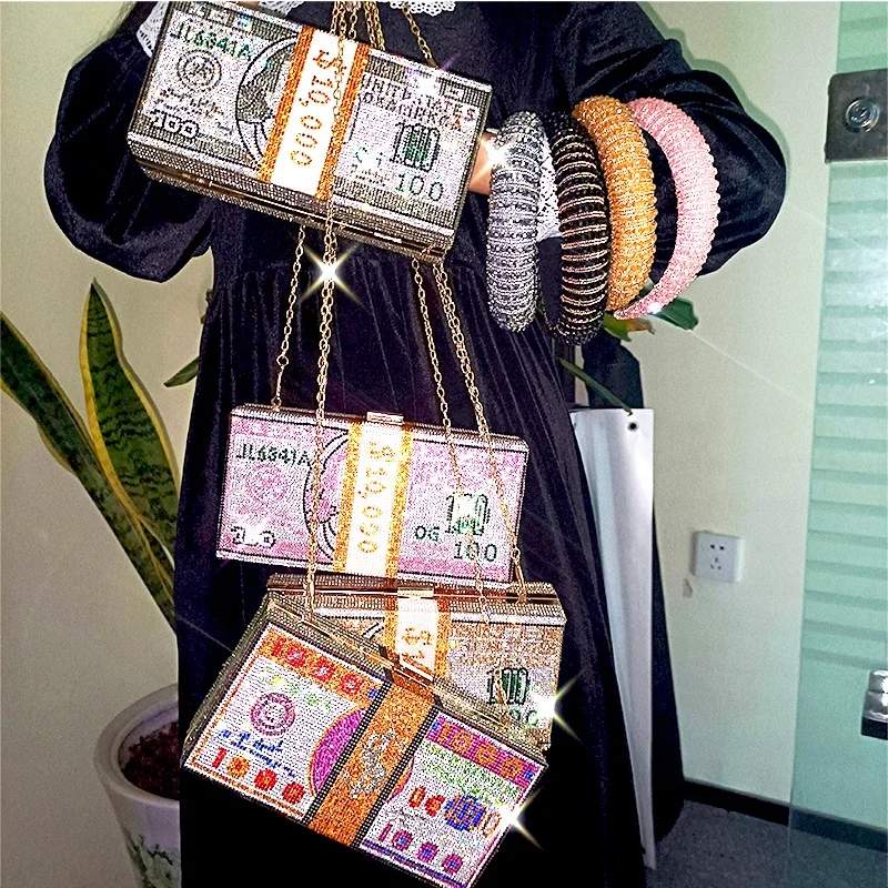 

Luxury $100 Dollars Bling Rhinestone Purse Diamond Party Bags Lady Dollar Money Clutch Bag Evening Handbags For Women