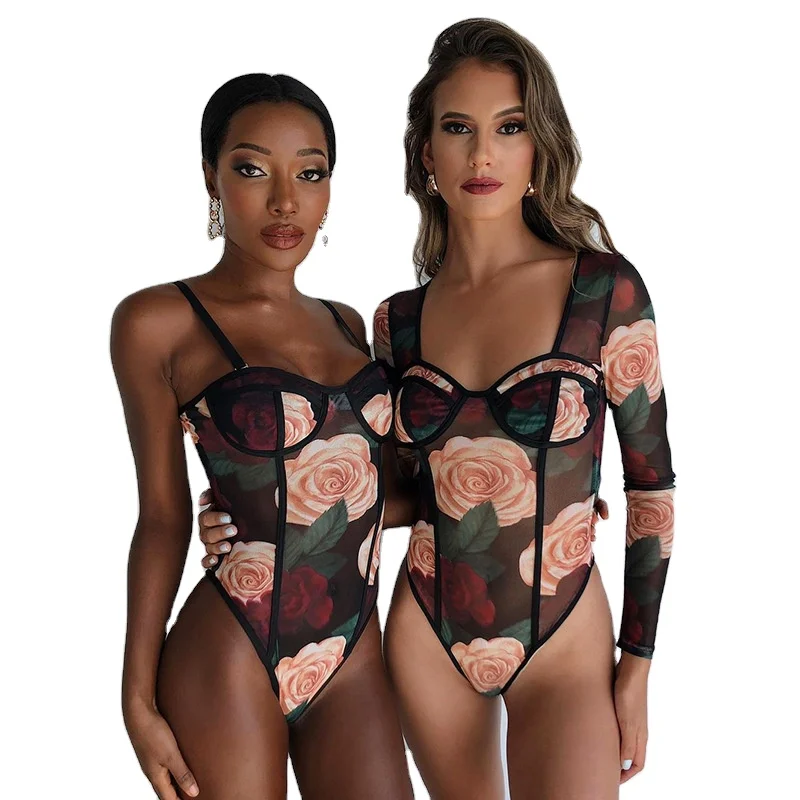 

qzbaoshu hot transparent bodysuits for women sexy floral styles sling one piece ladies and long sleeve jumpsuits women, 2 colors