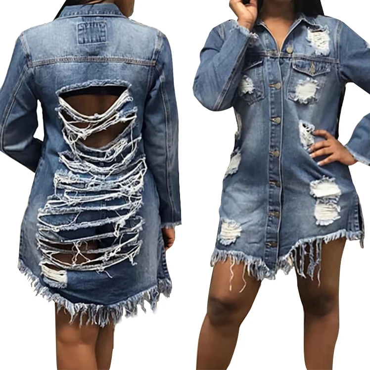 

2021 Ladies tassels ripped distressed denim jeans long jacket women