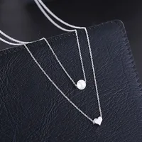 

New Simple Fashion 925 Silver Pearl Love Heart Pendant Necklace Double Layer Clavicle Chain Pearl Necklace For Girlfriend