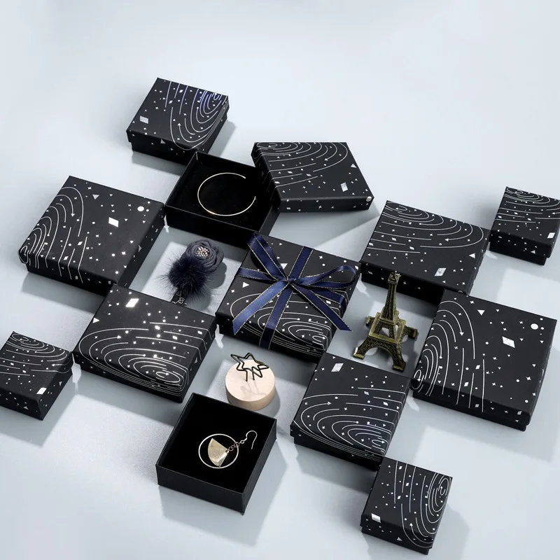 

Bracelet ring earring bracelet jewelry gift packaging box cardboard black recycle kraft box with sponge silver foil design