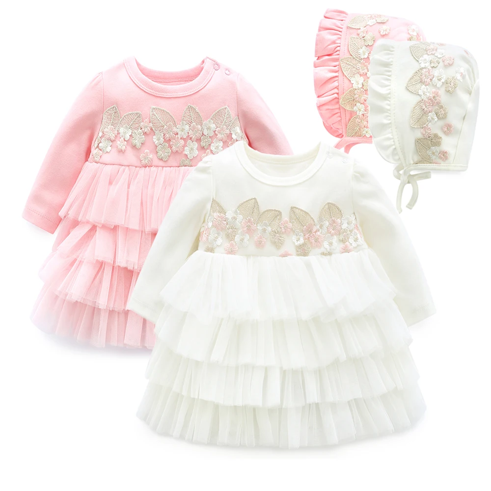 

2019 Fashion Toddler Baby Clothes Sets 1Year Baby Girls Birthday Party Dress Long Sleeve Flower Embroidered Baby skirt, White, pink