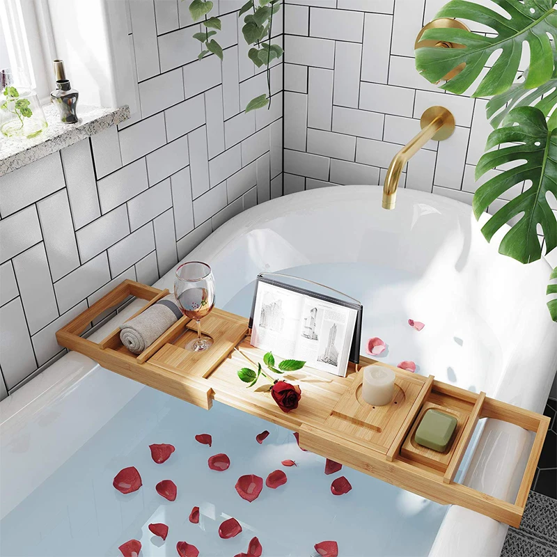 Luxury Extendable Bathtub Caddy Tray Tub Shelf For Reading With Wine