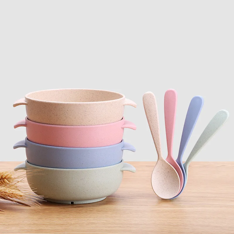 

Custom Eco-friendly Children Kids Bowl Set Wholesale Biodegradable Bowl Plate Cup Wheat Straw Bowl With Spoon