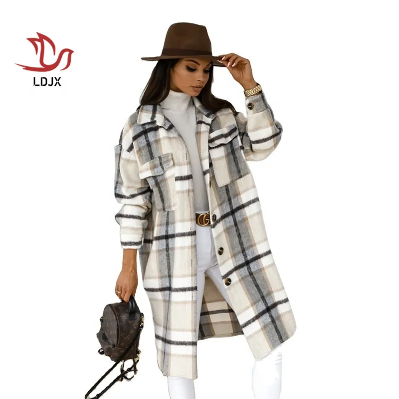 

LDJX-C1282 Wholesale autumn and winter long sleeve ladies plaid woolen coat with pocket jacket woman fashion formal coat