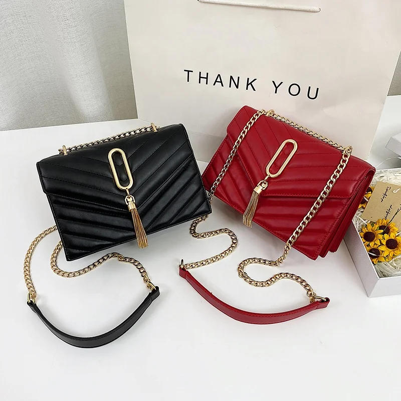 

Fashionable Sling Chain Ladies Hand Bags And Purses Tassel Crossbody Small PU Leather Handbag For Women, Black,white,yellow,red