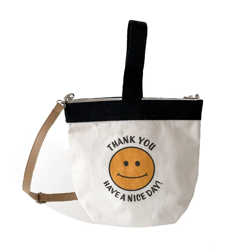 

pu short shoulder belt small cotton canvas totes messenger chest bags with smile printed logo, Customized color