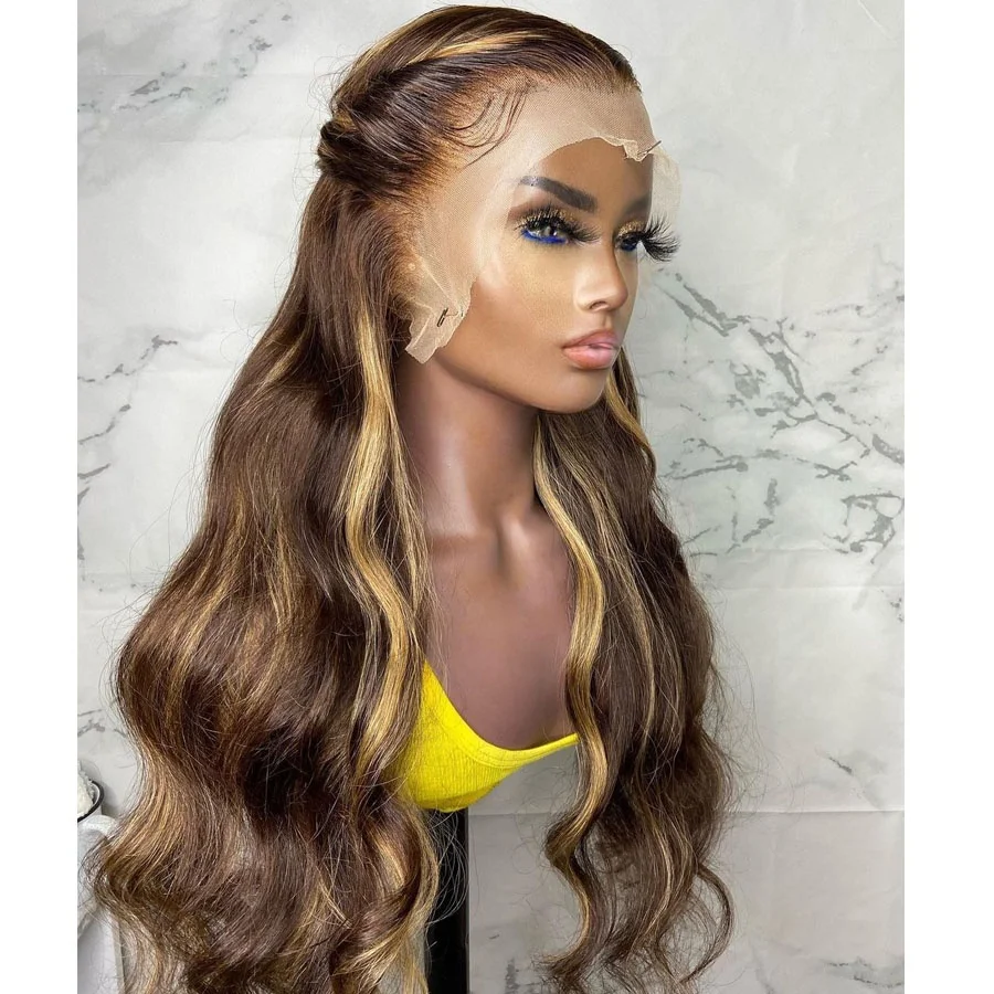 

Cuticle Aligned Virgin Brazilian Human Hair T part Lace Front Wigs Honey Brown Highlight Body Wave Wigs For Women