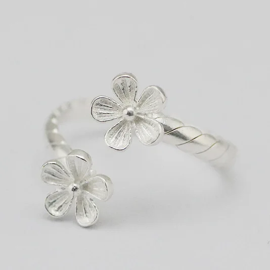 925 Sterling Silver Double Flowers Rings for Women Exquisite  Adjustable Open Ring Silver Jewelry