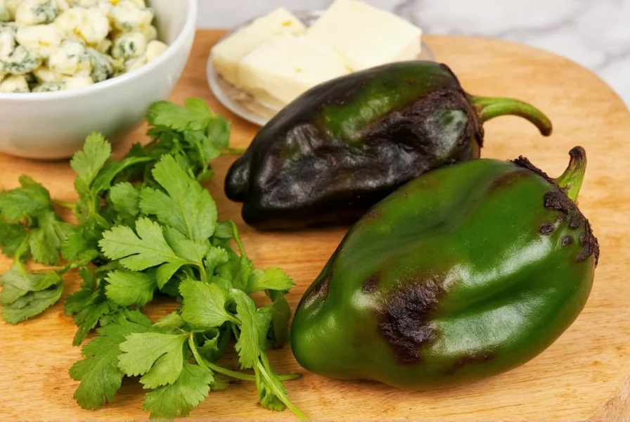 Two perfectly roasted poblano peppers with charred skin, sitting on a wooden cutting board next to fresh cilantro and queso fresco