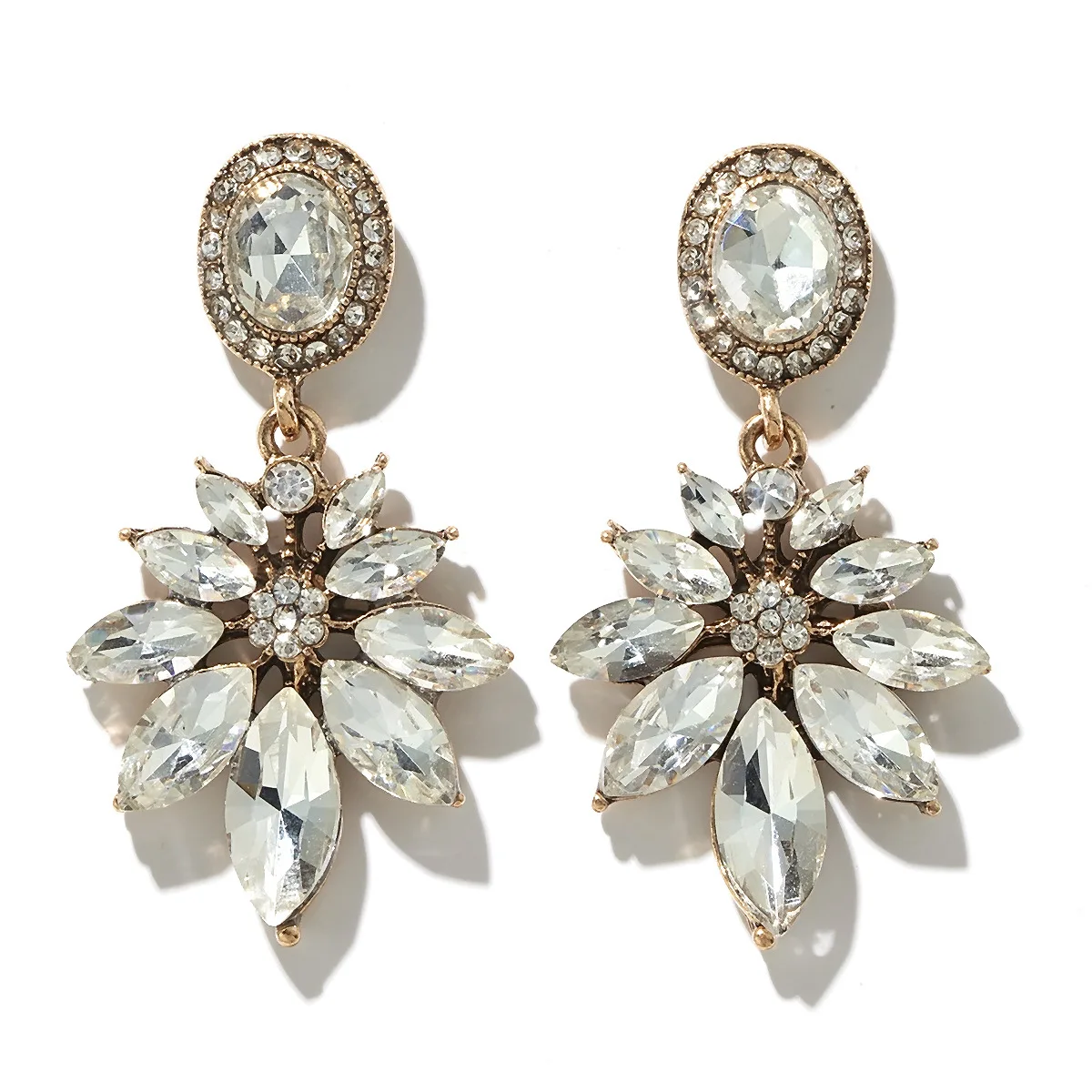 

White Crystal Long Round Flower Earrings for Women Rhinestone Hanging Earrings Bridal Wedding Jewelry, Colorful