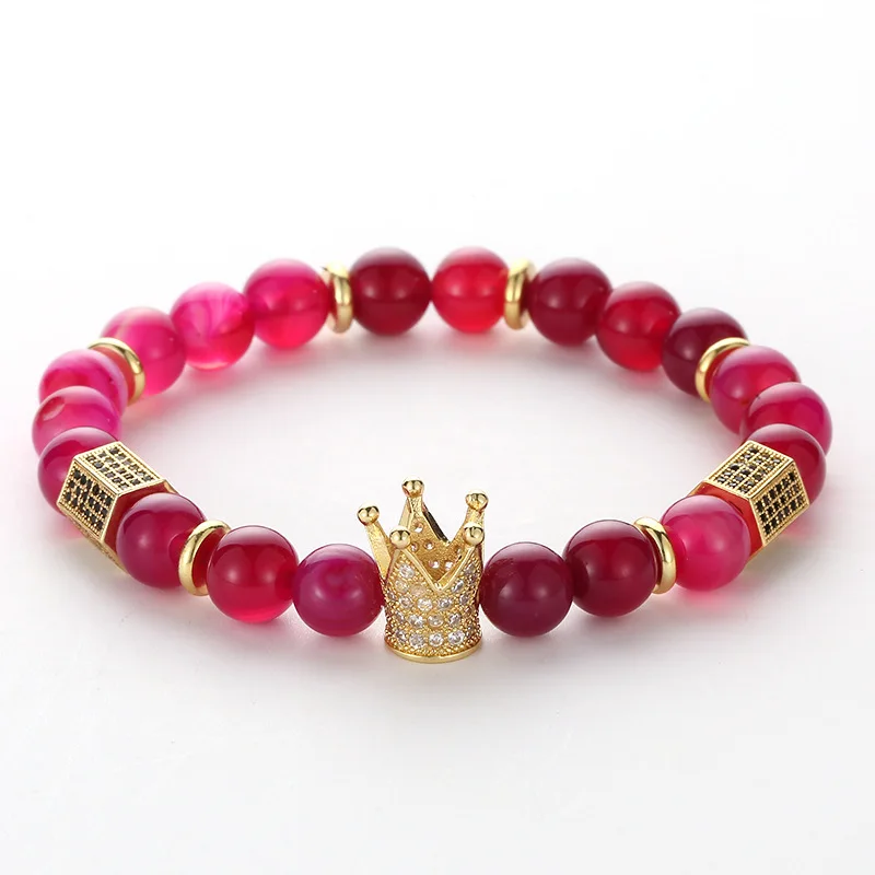 

High Qualtity Luxury Pave CZ Wholesale Energy Healing 8MM Natural Stone Beads Hexagonal Prism Crown Bracelet, Blue,green,purple,red,yellow,white