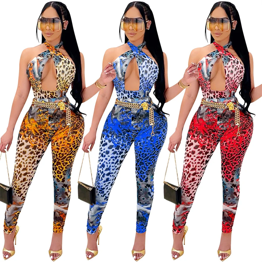 

2021 summer ladies sexy red leopard halter backless hollow out short jumpsuit with long leggings pants women two piece set