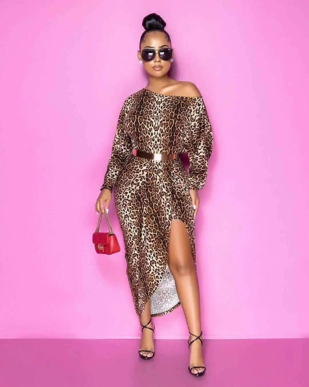 

2021 new arrivals elegant off the shoulder long sleeve ladies fashion cheetah print casual dress asymmetrical midi dress, As picture