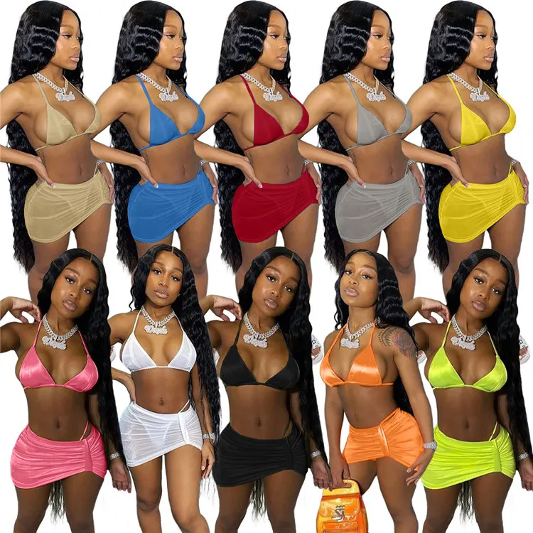 

3 piece bikini thong set coverups short skirt bikini top swim wear bikinis bathing suit swimsuit three piece set in 10 colors