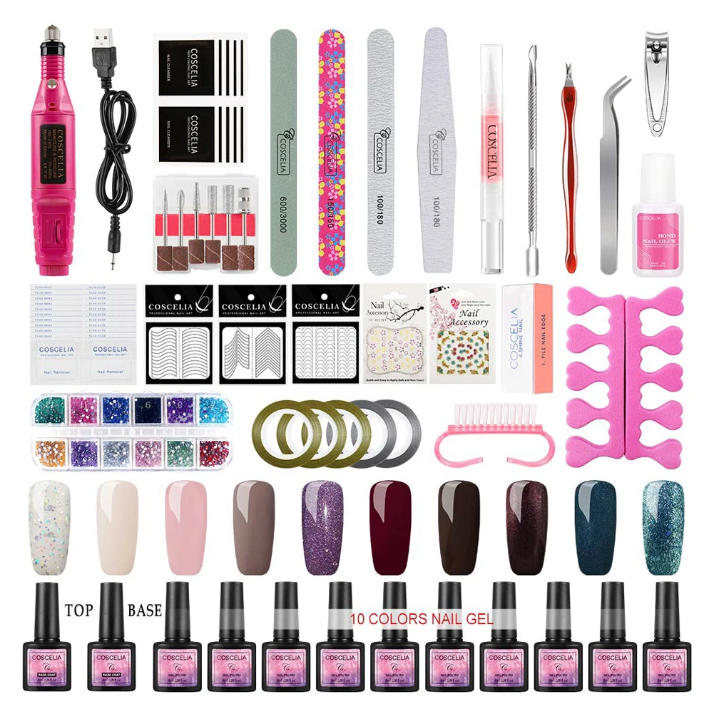

COSCELIA Professional New Nail Drill 10pc Glitter Gel Polish Set Nail Gel Semi Permanent, 10 colors