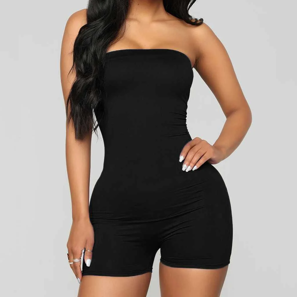 

solid color off shoulder tube sexy short bodycon one pieces jumpsuit romper women