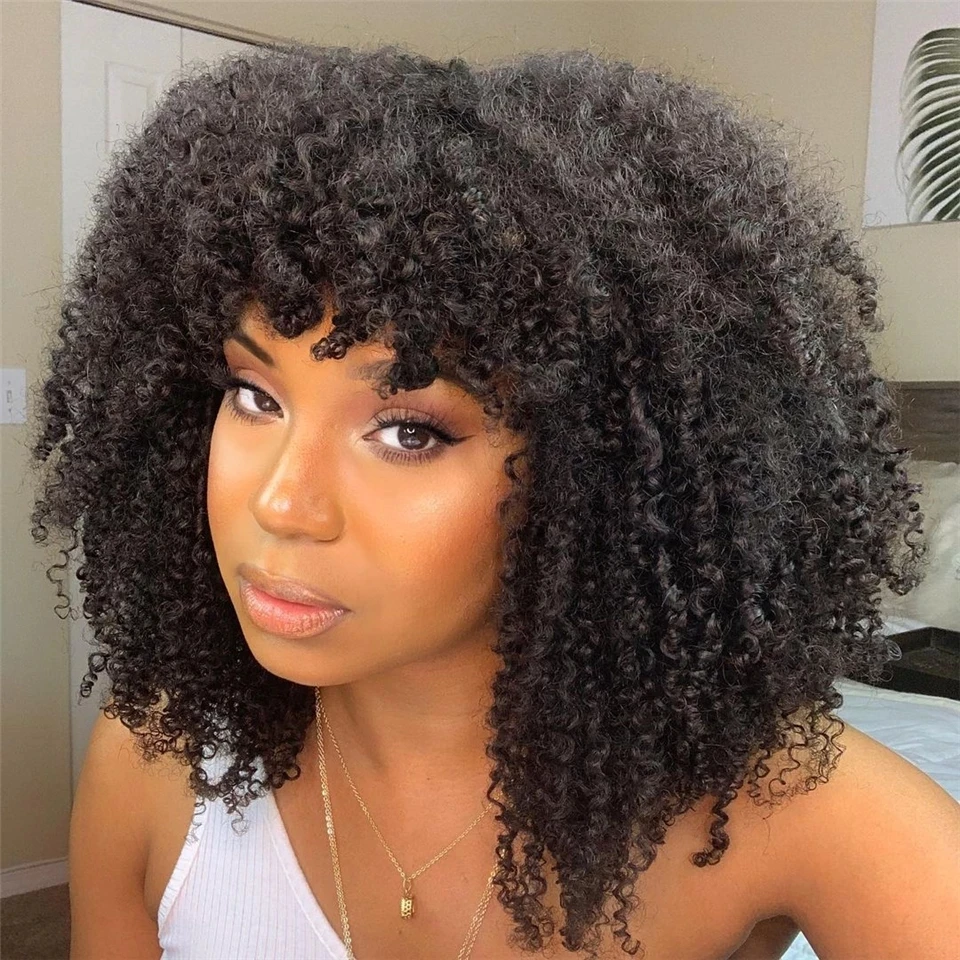 

Afro Kinky Curly Fringe Glueless Full Machine Made Wigs With Bangs 250Density Human Hair Wig For Women Brazilian Remy Hair 4c, Natrual color wig