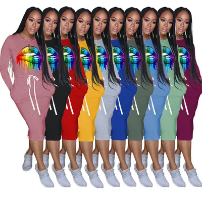 

Hot Sale New Fashion Plus Size Long Sleeve O Neck Rainbow Lip Print Belted Sports Ladies T Shirt Casual Dress, Picture