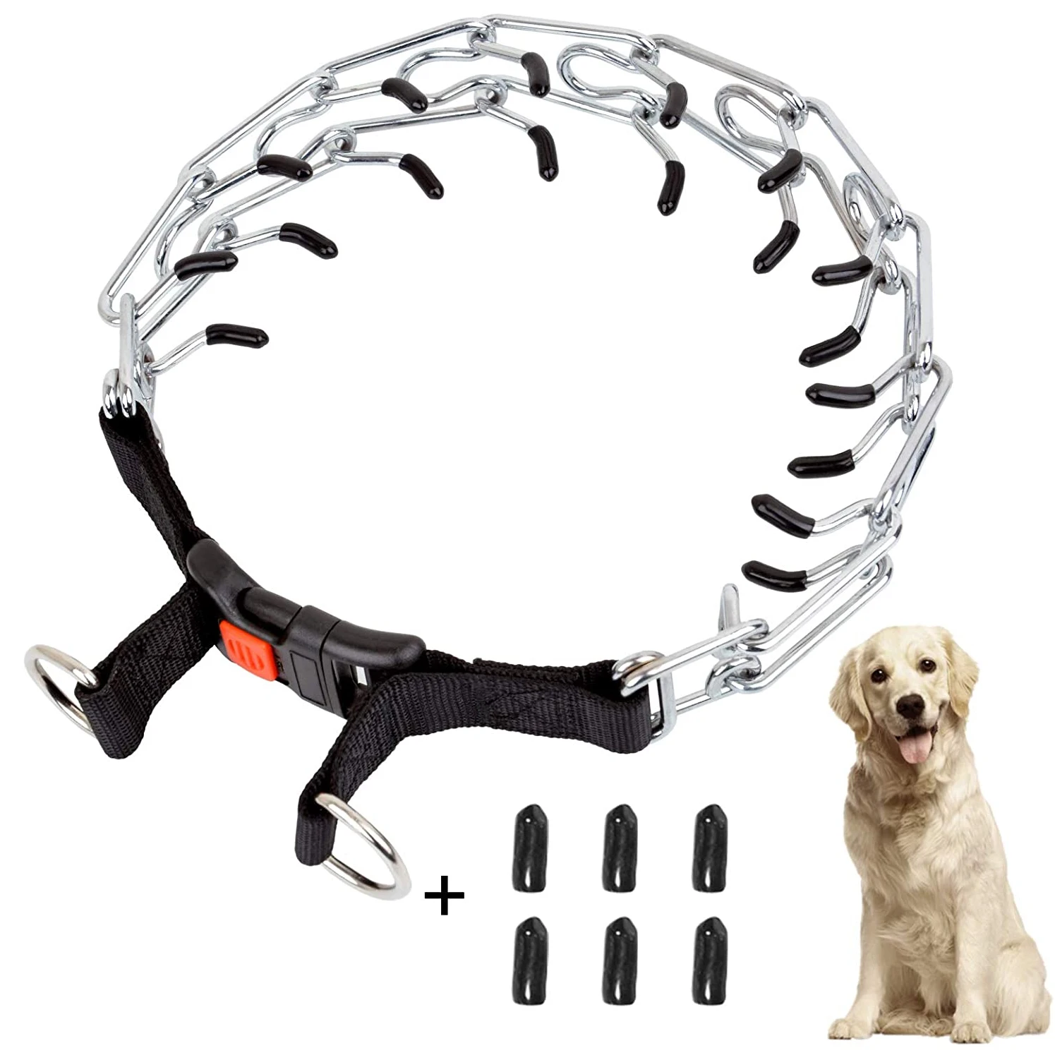 

2021 New Style Dog Training Choke Pinch Collar With Comfort Tips And Quick Release Snap Buckle, Silver+black