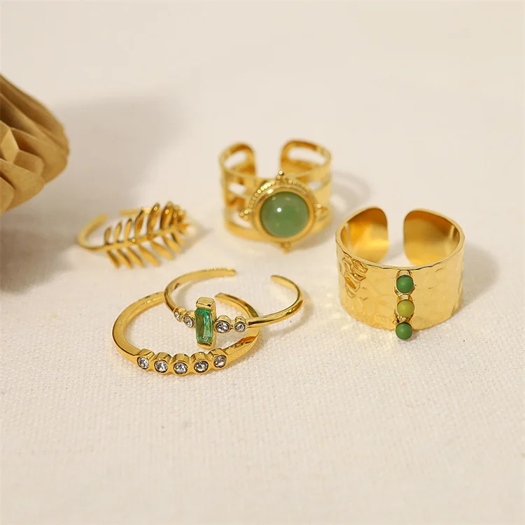 

China wholesale stainless steel rings gold plated small cute green natural stone rings jewelry