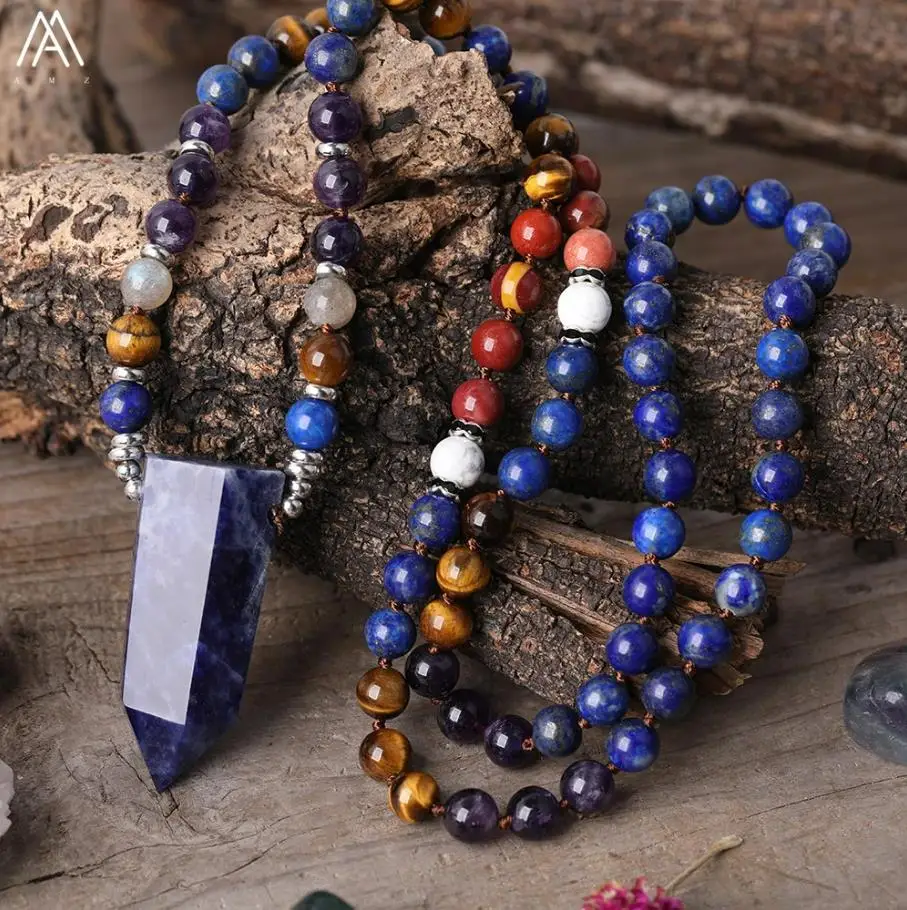 

Natural Sodalite Stone Point Pendant 8mm Amethyst Crystal Tiger Eye Lapis Round Beads Knotted Handmade Necklace Mala Jewelry