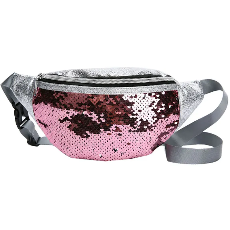 

Women Stylish PU Reversible Sequins Waist Bag Mobile Phone Chest Bag Ladies Shiny Fanny Pack, Picture