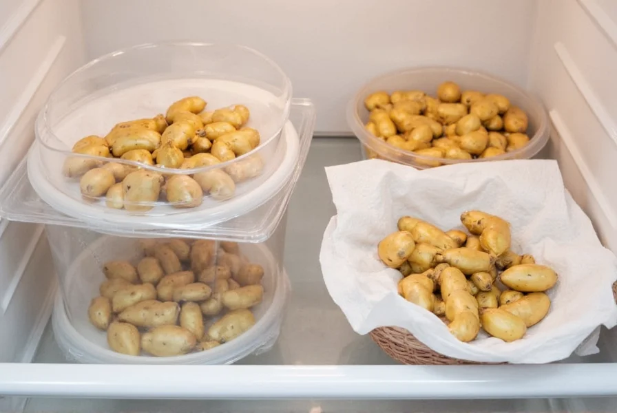 Proper ginger storage methods showing ginger in airtight containers with paper towels in refrigerator