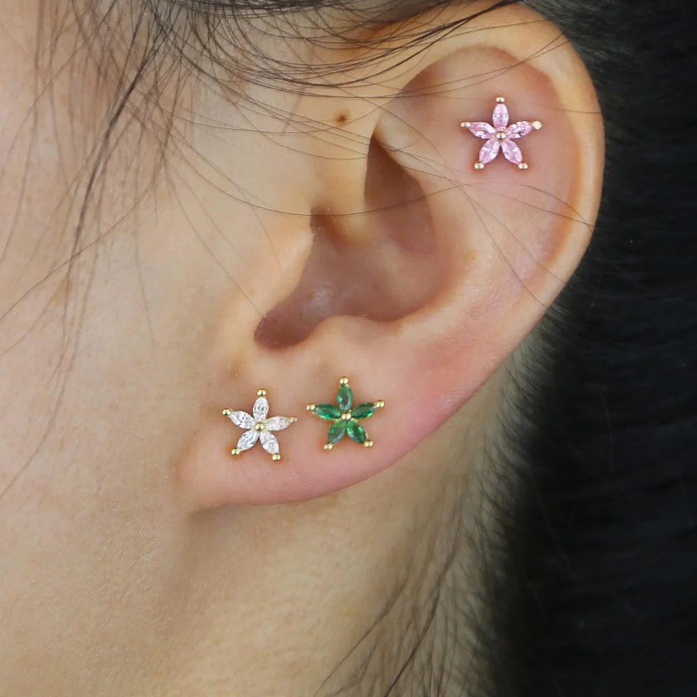 

925 Sterling Silver Cute CZ Flowers Stud EarringGold Mini Bling Zircon Stone Rainbow Flower Earrings for Women Fashion Jewelry