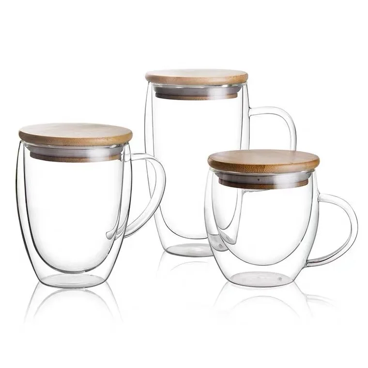 

150ml 250ml 350ml 450 ml High Borosilicate Double Walled Glass Coffee Mug Cup with Glass Lid Wooden Bamboo Lid