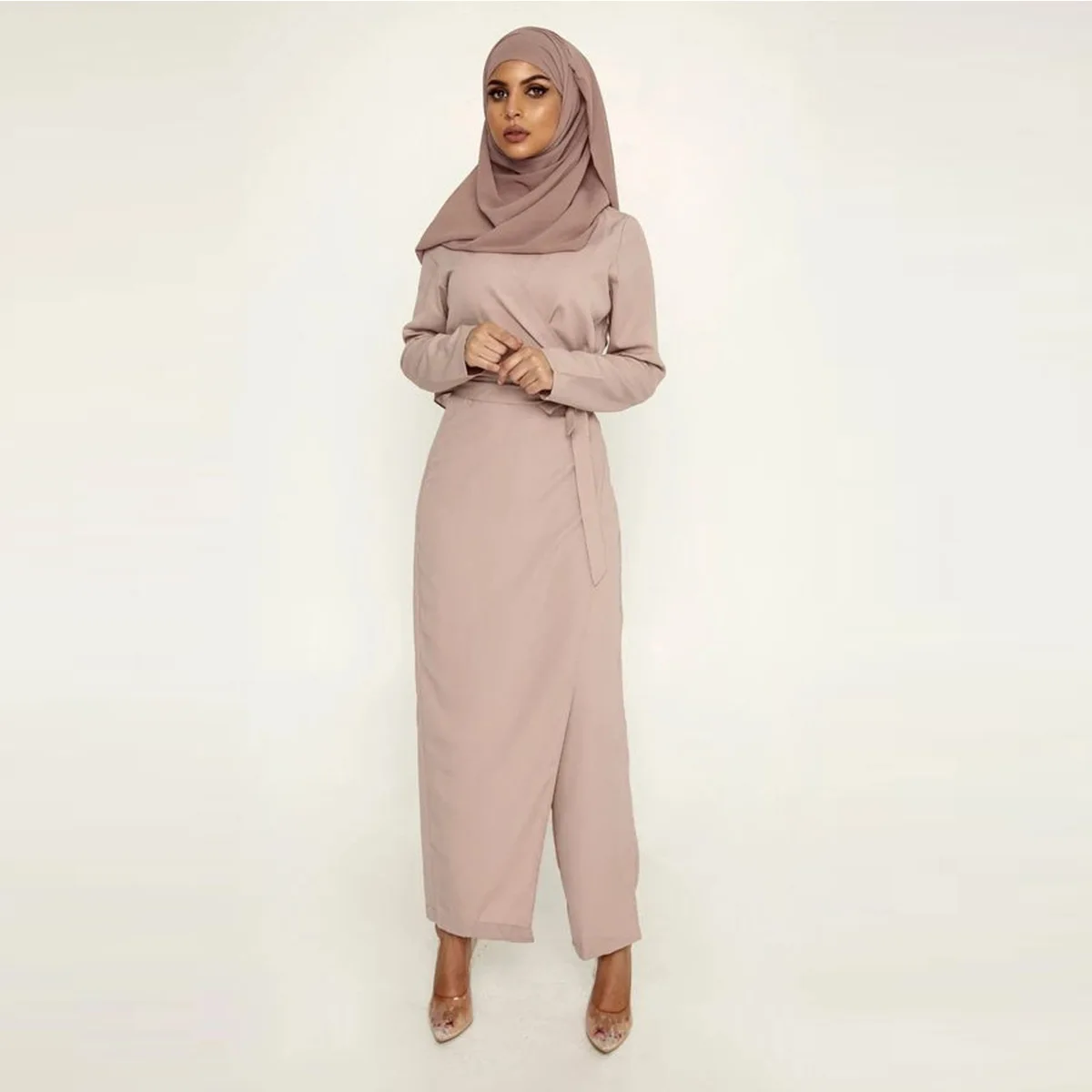 

Modern V-neck patchwork muslim suit plain long abaya for women