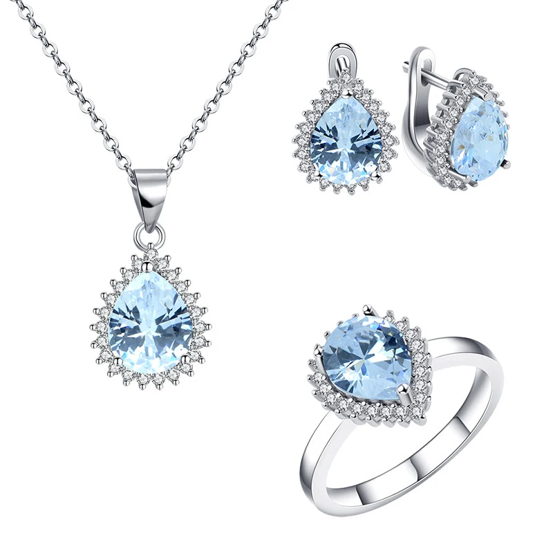 
925 sterling silver high-grade sapphire water droplets shine zircon Royal Princess Jewelry Set 