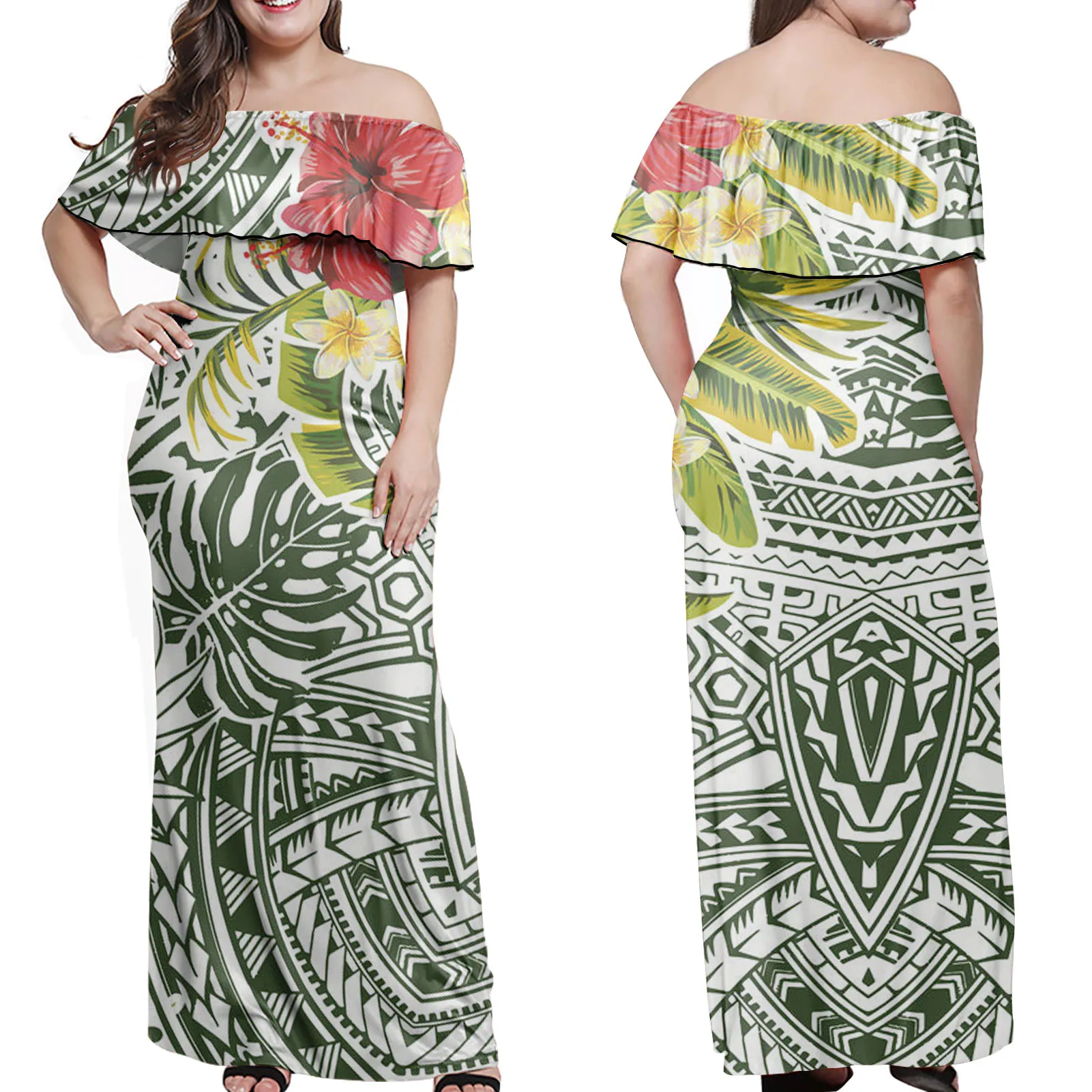 

Summer Floral Print Evening Plus Size Women Dresses Sexy Casual Long Bodycon Dress Women Sleeveless One Shoulder Dress For Women, Customized color polynesian dress