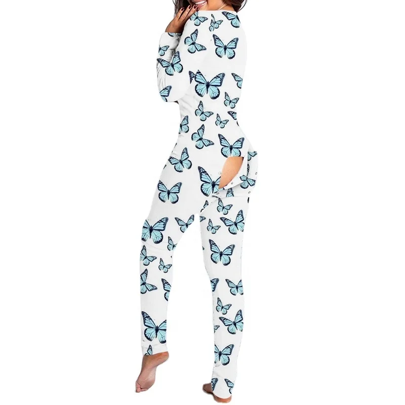 

White Butterfly Butt Flap Onesie Adult Womens Sleepwear Romper