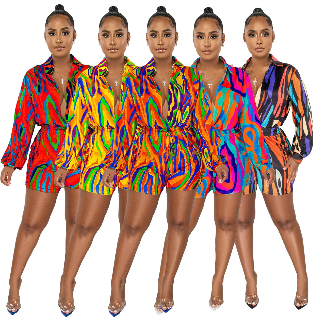 

2023 New Arrival Striped Print Long Sleeve One Piece Shorts Jumpsuits For Women
