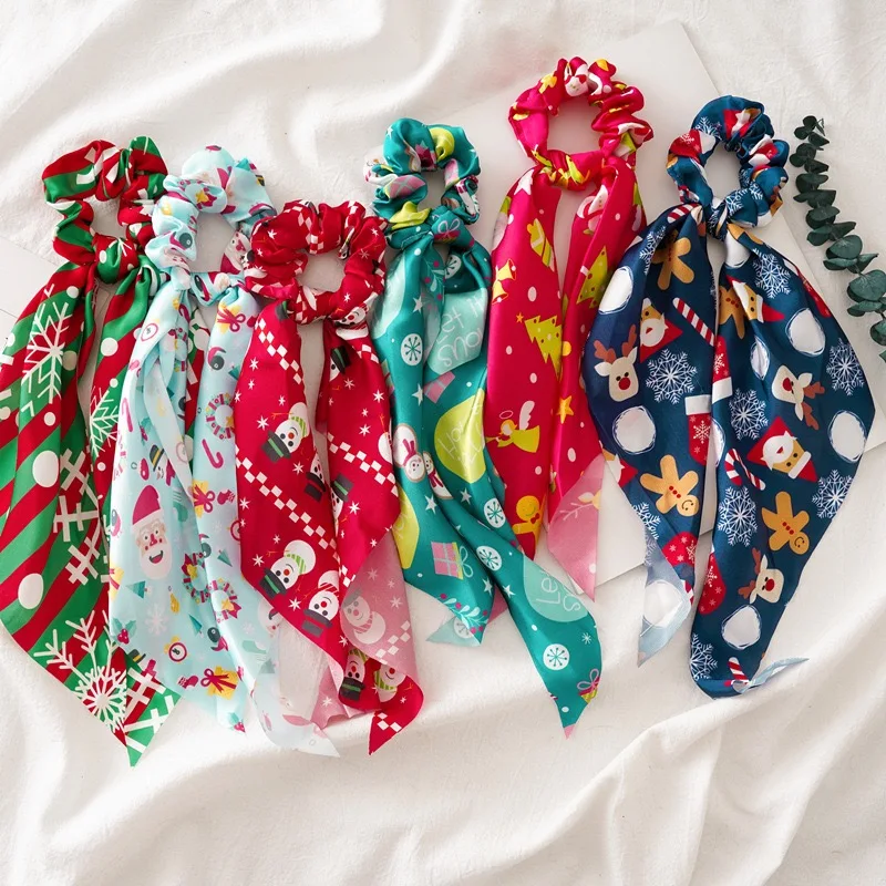 

Elastic Hair Bands Satin Ribbon scrunchies Hair Ties Christmas Long Tail Scrunchies Christmas Snowflakes Hair Accessories f