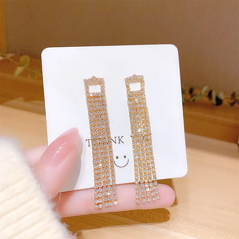 

Trendy Gold Plated Geometric Tassel Long Bling Rhinestone Drop Earrings for women 2021