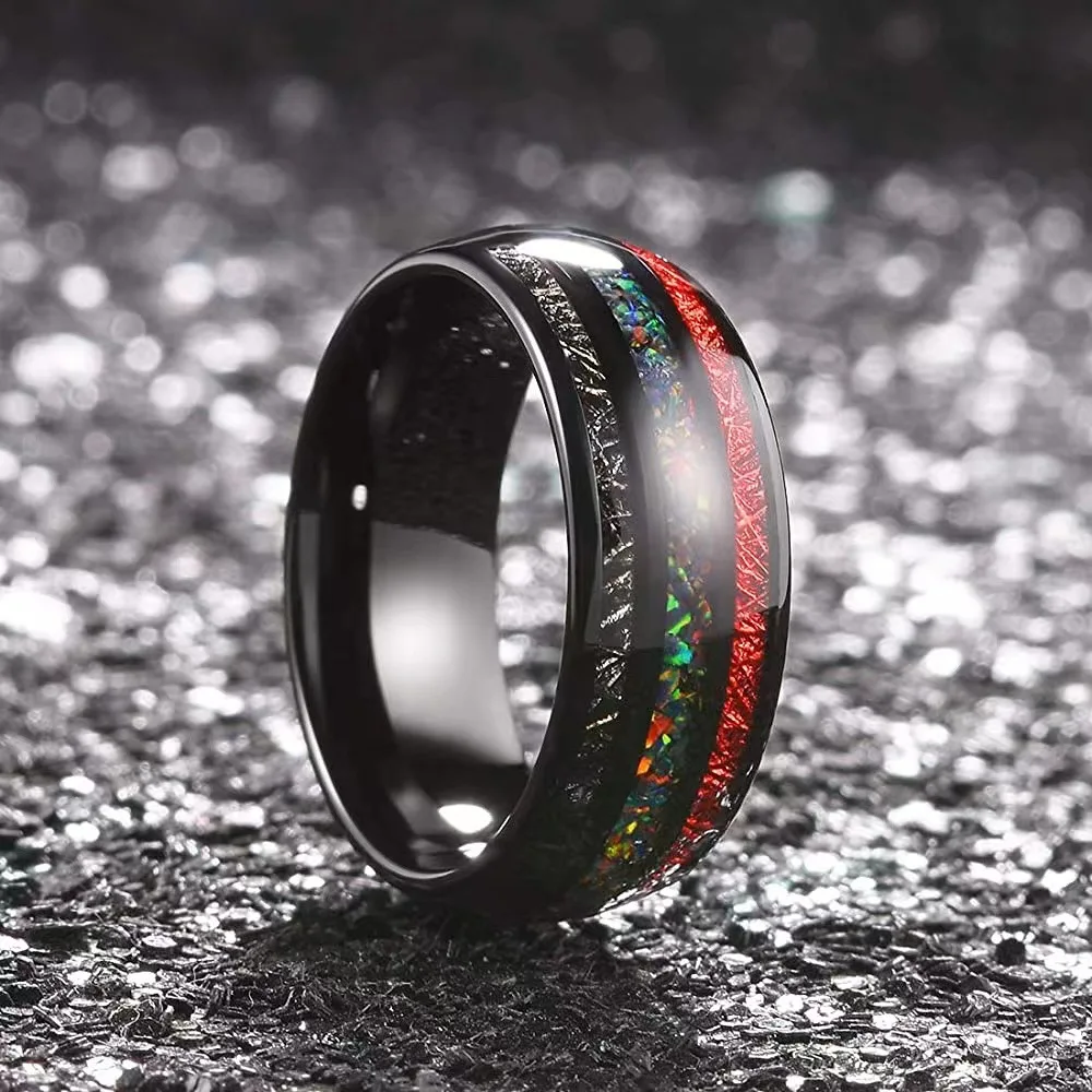 

Stainless Steel Inlay Colored Gemstone Ring with Red Black Meteorite Fashion Jewelry Set for Parties Engagements