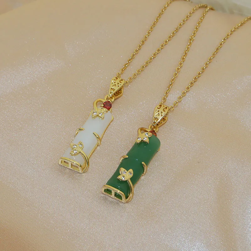 

Hot Sale Gold Plated Stainless Steel Pendant Necklace Jewelry Bamboo Shape Jade Natural Stone Necklace, Picture shows