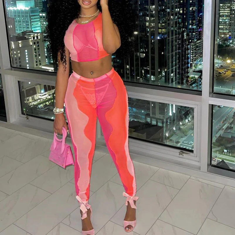 

FS2715D Summer women mesh crop tops and pants two pieces set sexy Club wear Clothing